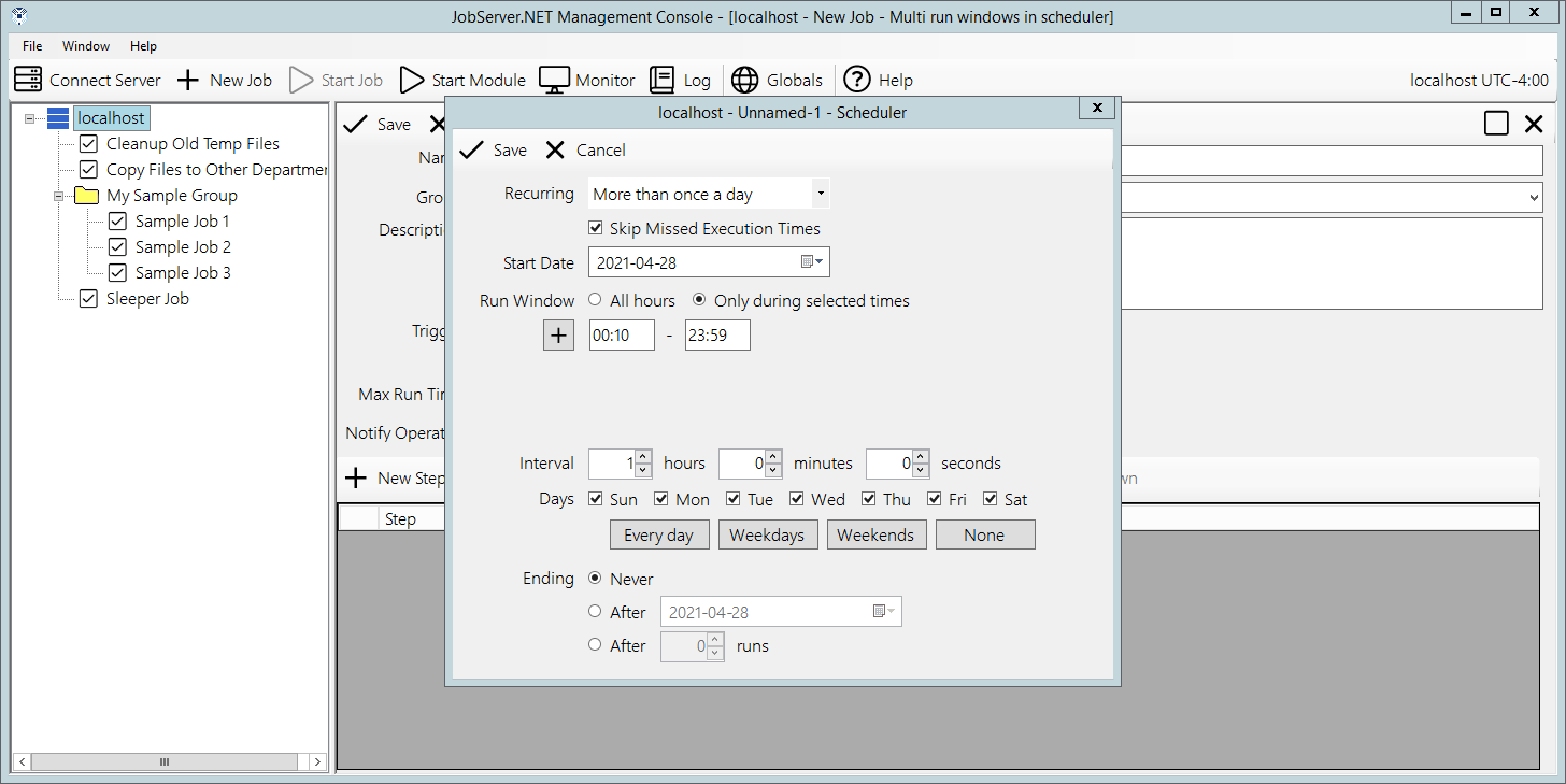 Anchoring scheduled job start times in run windows